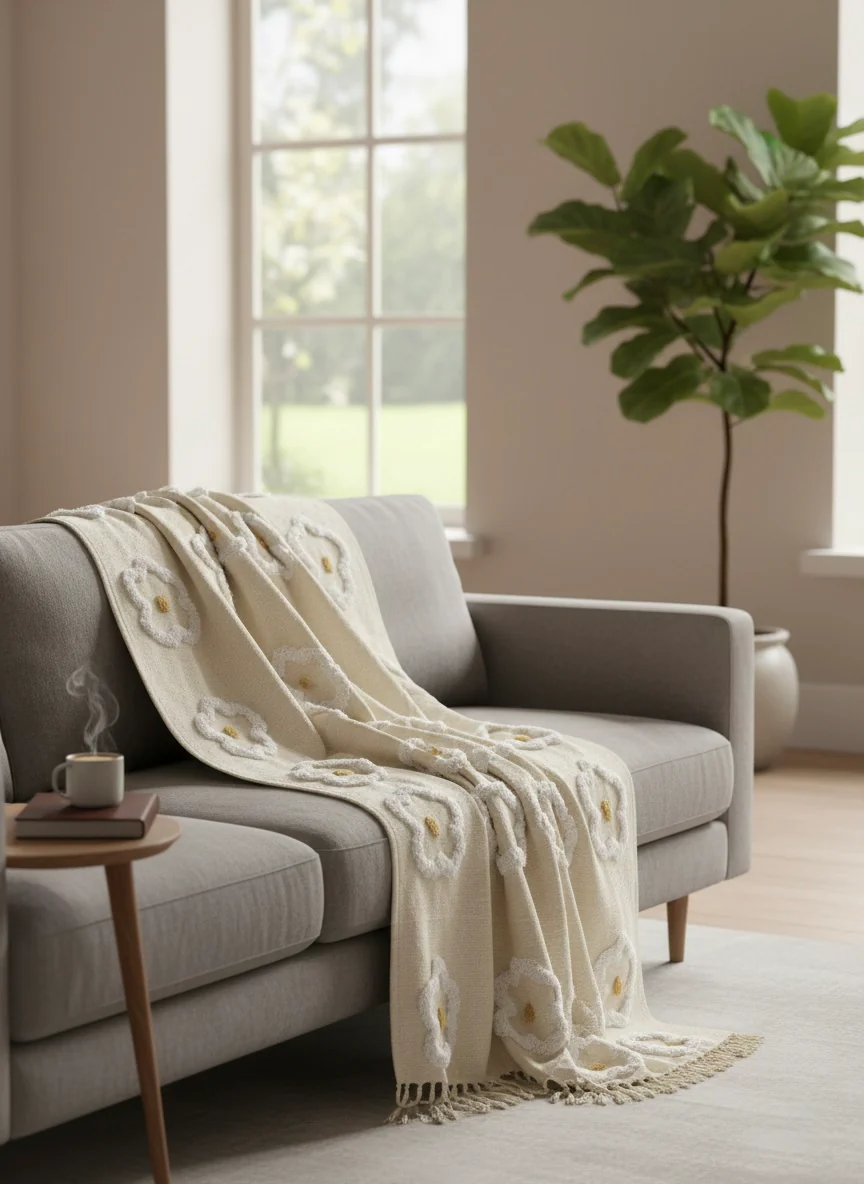 Beige White Flower Tufted Sofa Throw